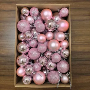 Boxed set of 50 pink Christmas ornaments in various sizes with glitter and matte finishes
