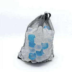 Reusable multi-shape plastic ice cubes for summer drinks in a black mesh drawstring bag