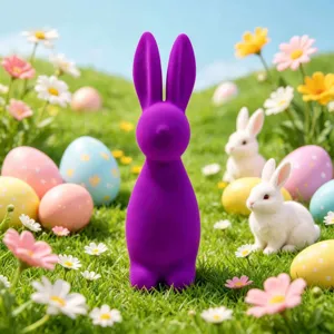 Close-up of a vibrant purple flocked Easter bunny figurine in a festive garden setup