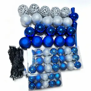 Complete blue and silver Christmas ornament set with various baubles and LED lights