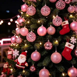 Pink Christmas tree ornament set with matte and glitter baubles and warm LED lights