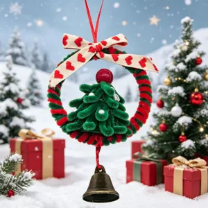 Prachtige handgemaakte kerstkrans van pijpenragers met vintage bronzen bel detail