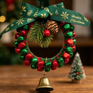 Detailed view of a DIY Christmas wreath made of red and green bells with a green bow
