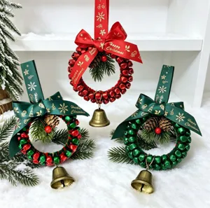 Detail view of Christmas wreaths with colorful bells, pine cones, and festive ribbons.