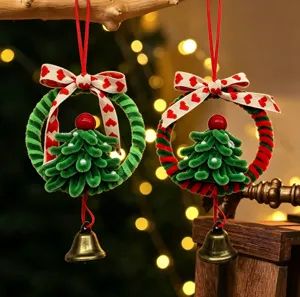 Handgemaakte Kerst Krans Bel Hangend Ornament Plastic Kerstboom Lint Strik Hart Patroon Voor Huis Decoratie