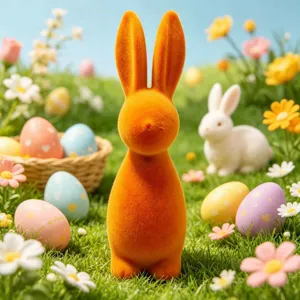 Vibrant orange flocked Easter bunny figurine for festive indoor party home decoration