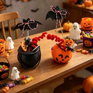 Halloween witch cauldron and pumpkin buckets with bat cake topper picks on a table.