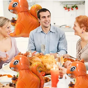 Detail view of squirrel foil balloons used in a festive family Thanksgiving dinner