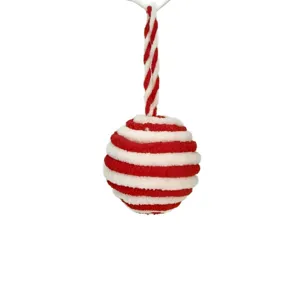 Red and white striped plush Christmas ball ornament 8cm for holiday tree decoration