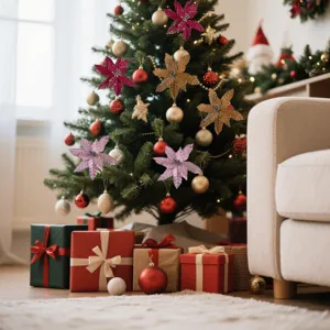 Detailed view of glittery artificial poinsettia flowers as Christmas tree ornaments