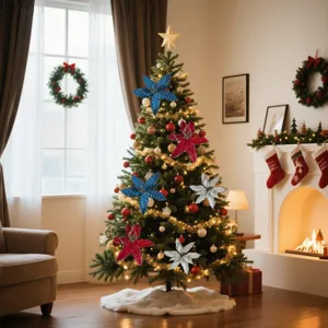 Set of sparkling glitter artificial flowers decorating a lush Christmas tree in a home