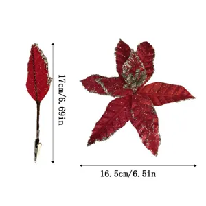 Artificial red Christmas flower decorations with gold glitter and clip