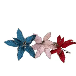 Three pieces set of glitter artificial poinsettia flowers for festive Christmas tree decor