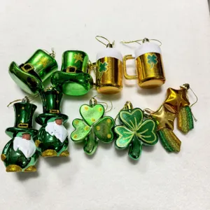 Detailed assortment of green shamrocks, hats and gold beer mug ornaments for St. Patrick's Day