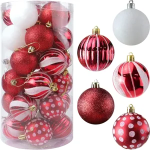 Detail view of 30pcs red and white Christmas ornaments set in various festive patterns