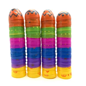 Detail view of colorful stacked plastic Easter eggs with printed patterns for toy filling.