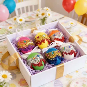 Detailed view of six colorful Bohemian style DIY Easter eggs with sequins in a gift box