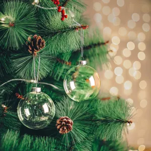 Primer plano de dos bolas de Navidad de plástico PET transparente en un árbol festivo