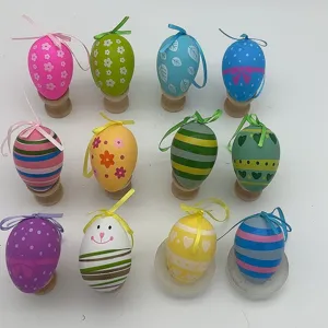 Set of colorful 6cm painted plastic Easter eggs with hanging ribbons for home decor