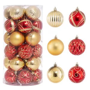 Detailed view of various 6cm red and gold Christmas ornaments from a 30-piece barrel set.