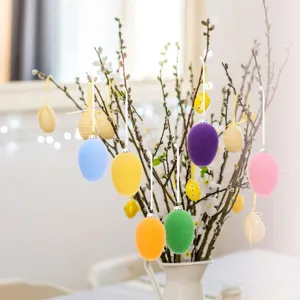Vivaci uova di Pasqua floccate da 6 cm appese a rami di salice decorativi per la casa