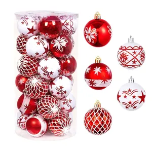 Set of 30 red and white Christmas ornaments balls with various glitter patterns