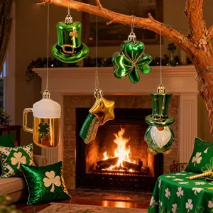 Festive St. Patrick's Day ornaments hanging in a cozy living room with a fireplace.