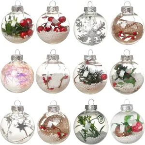 Surtido de bolas de Navidad PET transparentes de 6-8 cm con bayas y hojas