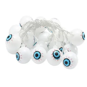 Close-up detail of Halloween LED string lights featuring realistic blue eyeball design