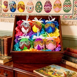 Detail view of 6cm Bohemian Easter eggs with colorful sequin and bead decorations