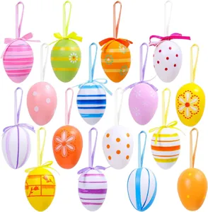Detailed view of fifteen colorful painted plastic Easter eggs with hanging ribbon loops.