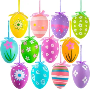 Set of colorful assorted pattern Easter egg ornaments with hanging ribbons for home decor
