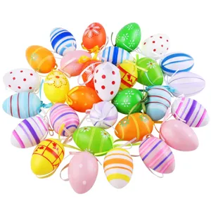 Detailed view of assorted colorful painted plastic Easter eggs with hanging loops