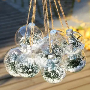 Bolas de Navidad de plástico PET transparentes rellenas de pino verde y nieve falsa