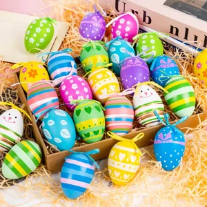Lot de 24 œufs de Pâques en plastique peint de 6 cm avec rubans pour décoration festive