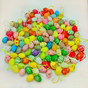 Detailed view of colorful painted plastic Easter eggs with floral and stripe patterns