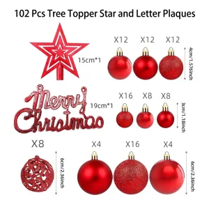 Detail view of 102pcs red Christmas ornament set with tree topper star and baubles