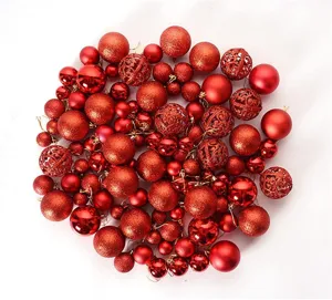 Detailed view of a set of 102 red Christmas balls featuring glitter, matte and lattice textures