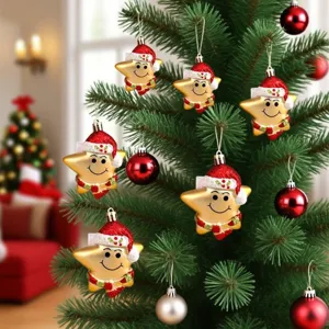Three festive star Christmas ornaments featuring cute Santa hats and smiley faces on a tree.