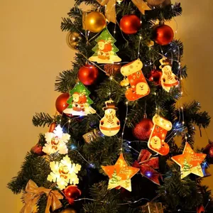 Festive LED Christmas string lights with star, tree and snowman hanging ornaments