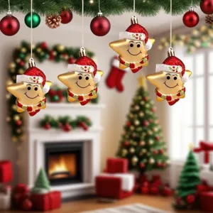 Detail of three smiling golden star ornaments with red Santa hats in a festive setting.