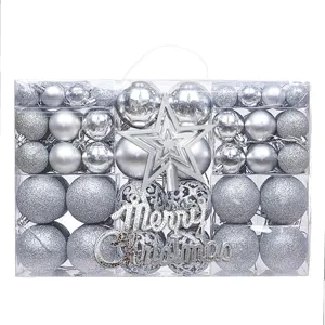 Complete 102-piece silver Christmas ball ornament set with star topper in a clear box