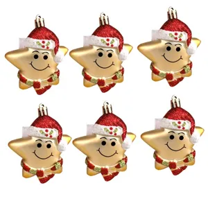 Christmas Painted Smiling Face Star Hanging Ornaments With Red Hat Gold Pentagram Festive Tree Accessory Holiday Party Decor