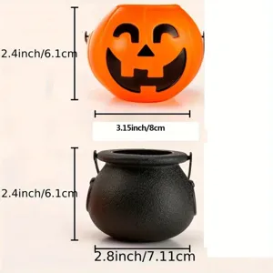 Set of Halloween pumpkin and cauldron candy buckets for kids with detailed dimensions