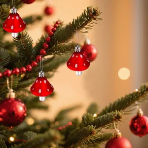 Detailed view of red mushroom Christmas ornaments with white dots on pine tree