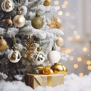 Detailed view of 3cm gold and white Christmas baubles hanging on a snowy flocked tree.