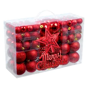 102-teiliges rotes Weihnachtskugel-Set mit Stern-Baumspitze in einer Klarsichtbox