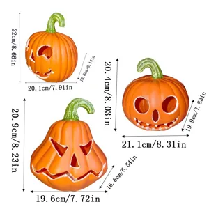 Halloween plastic pumpkin lanterns in three shapes with detailed size measurements