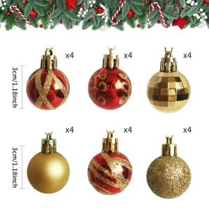 Set of 24 mini 3cm Christmas ball ornaments with red and gold glitter painted designs