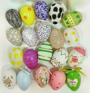Collection of assorted colorful patterned hanging plastic Easter eggs for festive party decoration